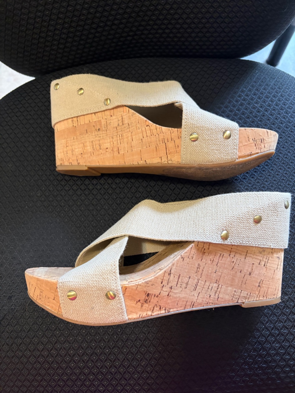 Lucky Brand Beige Crisscross Cork Wedge Slides - Picture 2 of 6